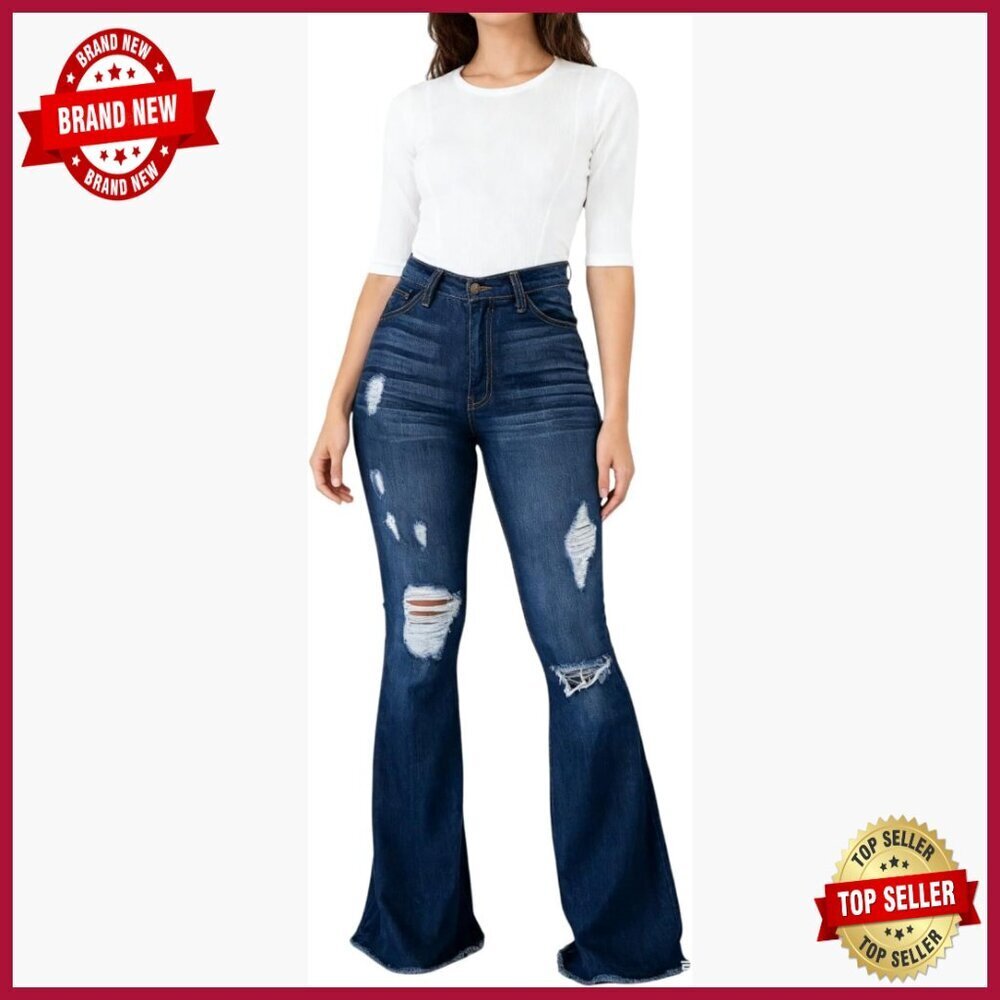 Vintage High Waist Flare Jeans Distressed Ripped Wide Leg Denim Pants